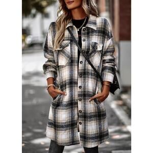 Grace + Karma long plaid shacket in a beige, tan, and black color scheme-Size 1X